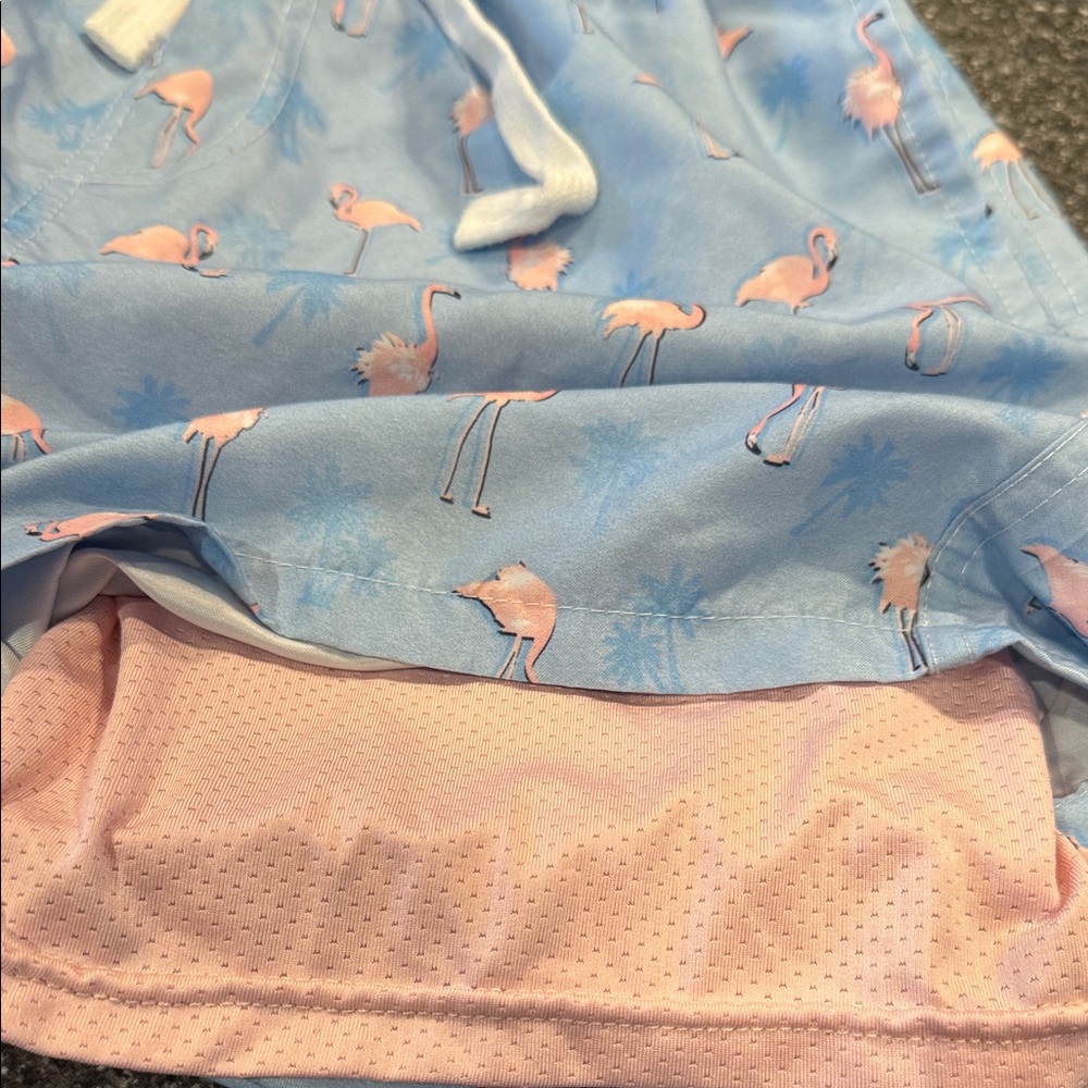 Blue Flamingo Print Swim Trunks with Pink Liner - Picture 11 of 12